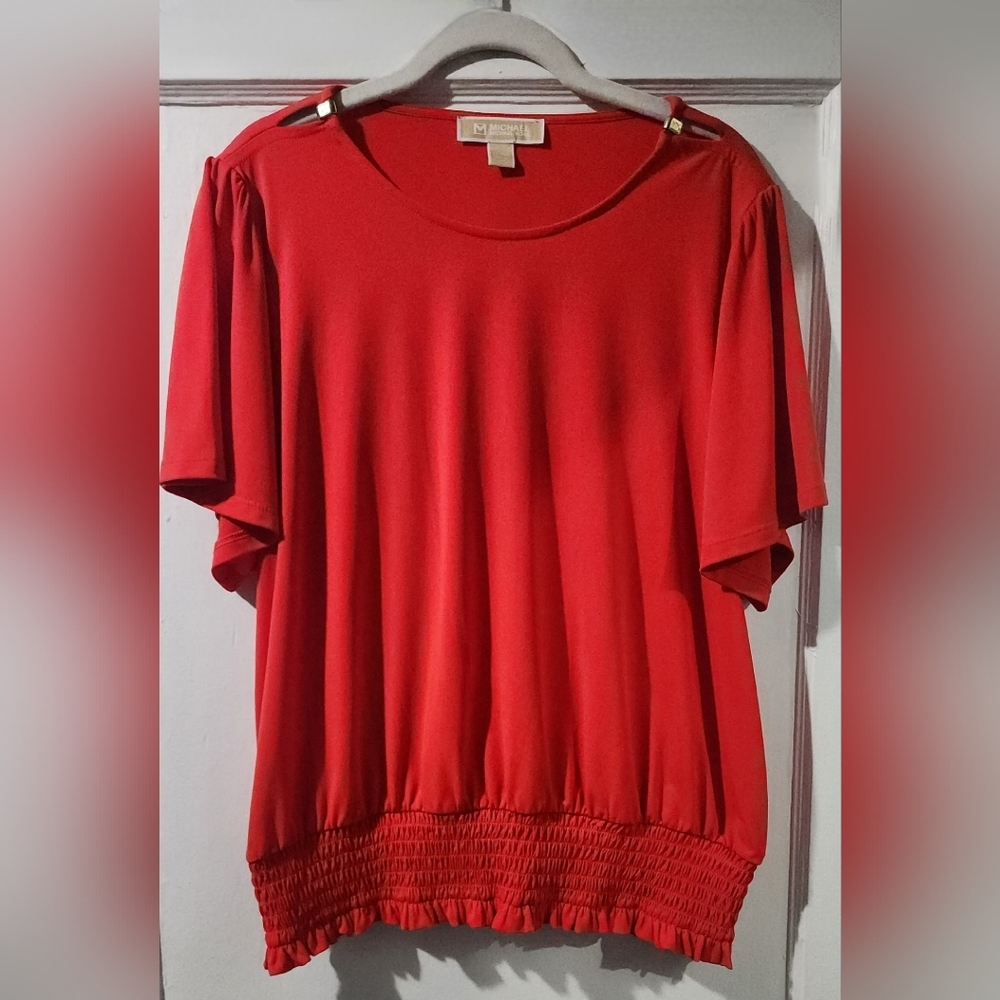 🌷Michael Kors Bright Red Orange Mix Short Sleeve Smocked-Hem Top🌷size:XL